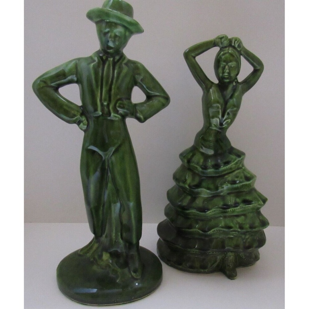 California Pottery Green Man Woman Spanish Flamenco Dancer Figurines Vintage